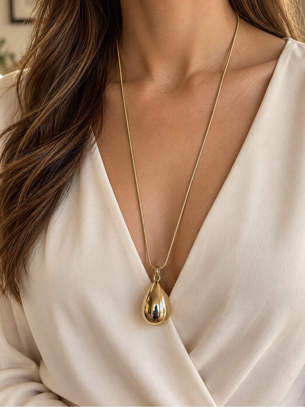 Gold Tone Teardrop Pendant Long Snake Chain Necklace Minimalist Statement